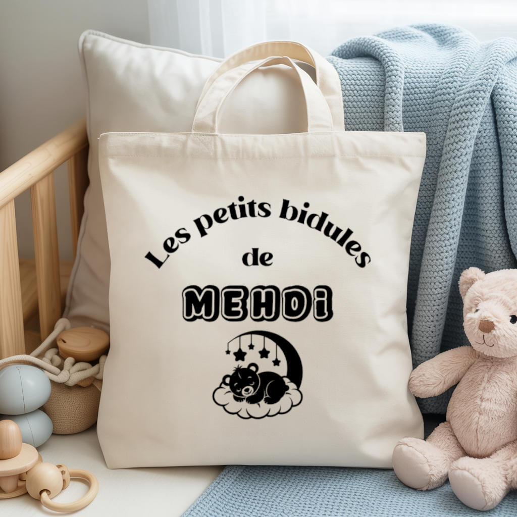 Tote bag bébé personnalisable Route vers l’aventure face texte et ourson, coton, flocage couleur, cadeau naissance - MARJANE et Cie