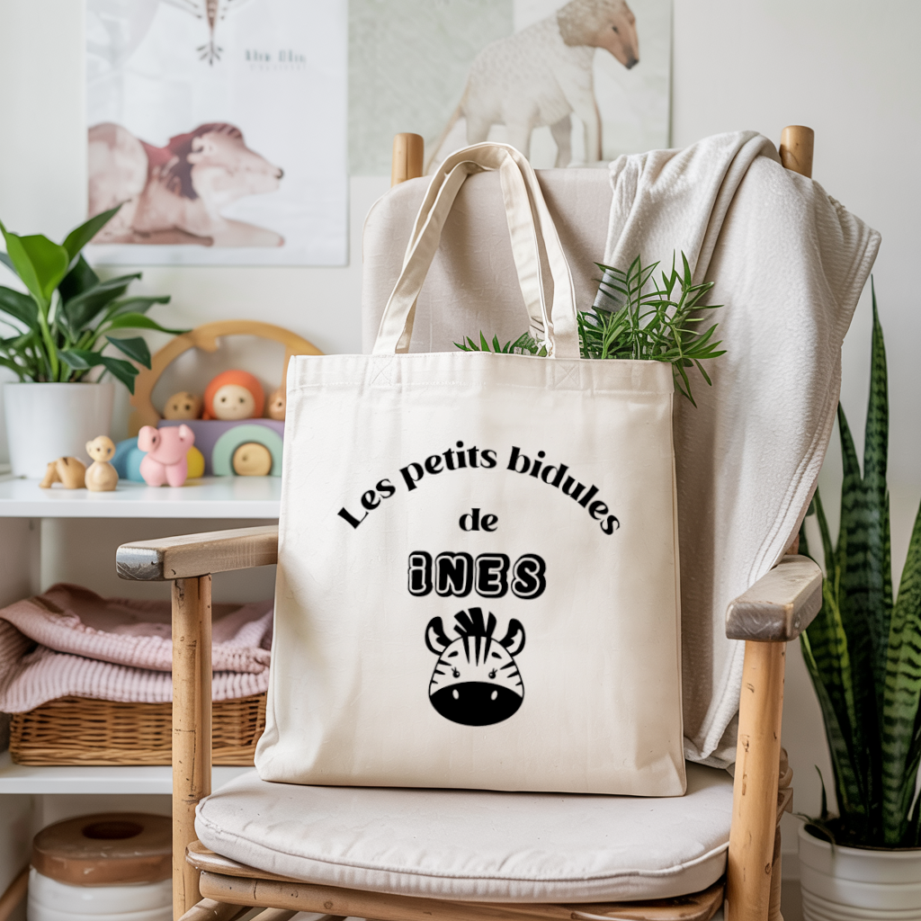 Tote bag bébé personnalisé Route vers l’aventure face prénom et zèbre, coton, flocage couleur - MARJANE et Cie