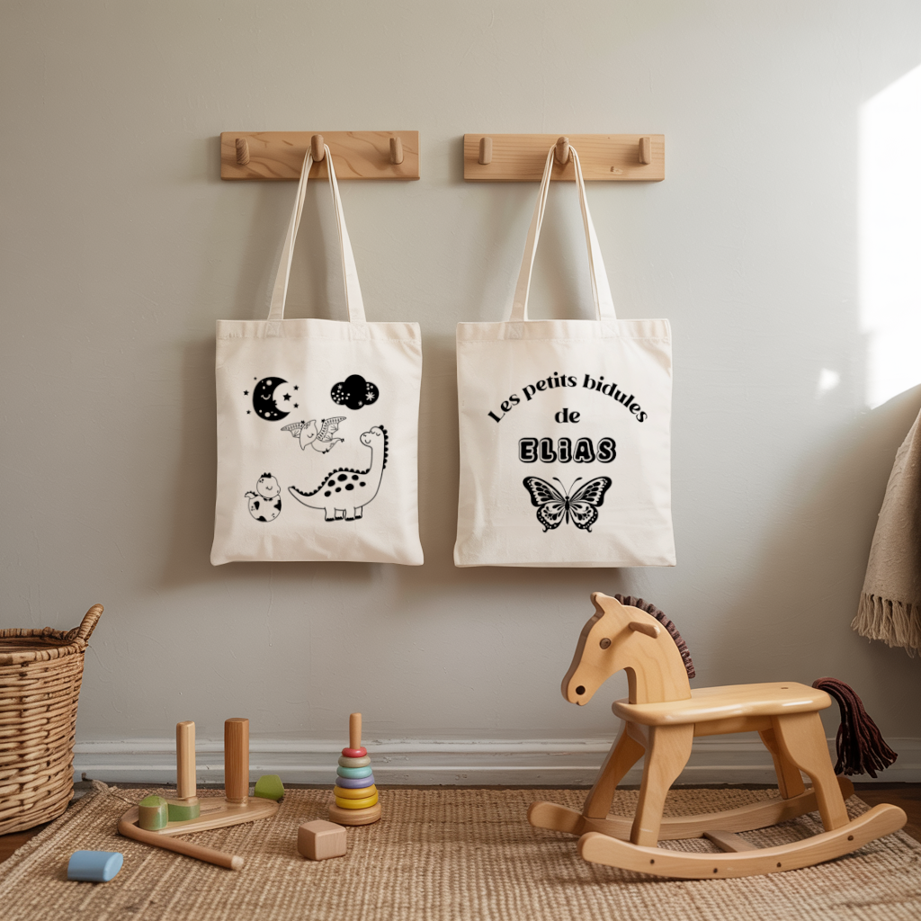 Tote bag bébé personnalisé face Nuit avec les dinosaures et face prénom en coton avec flocage, cadeau naissance - MARJANE et Cie