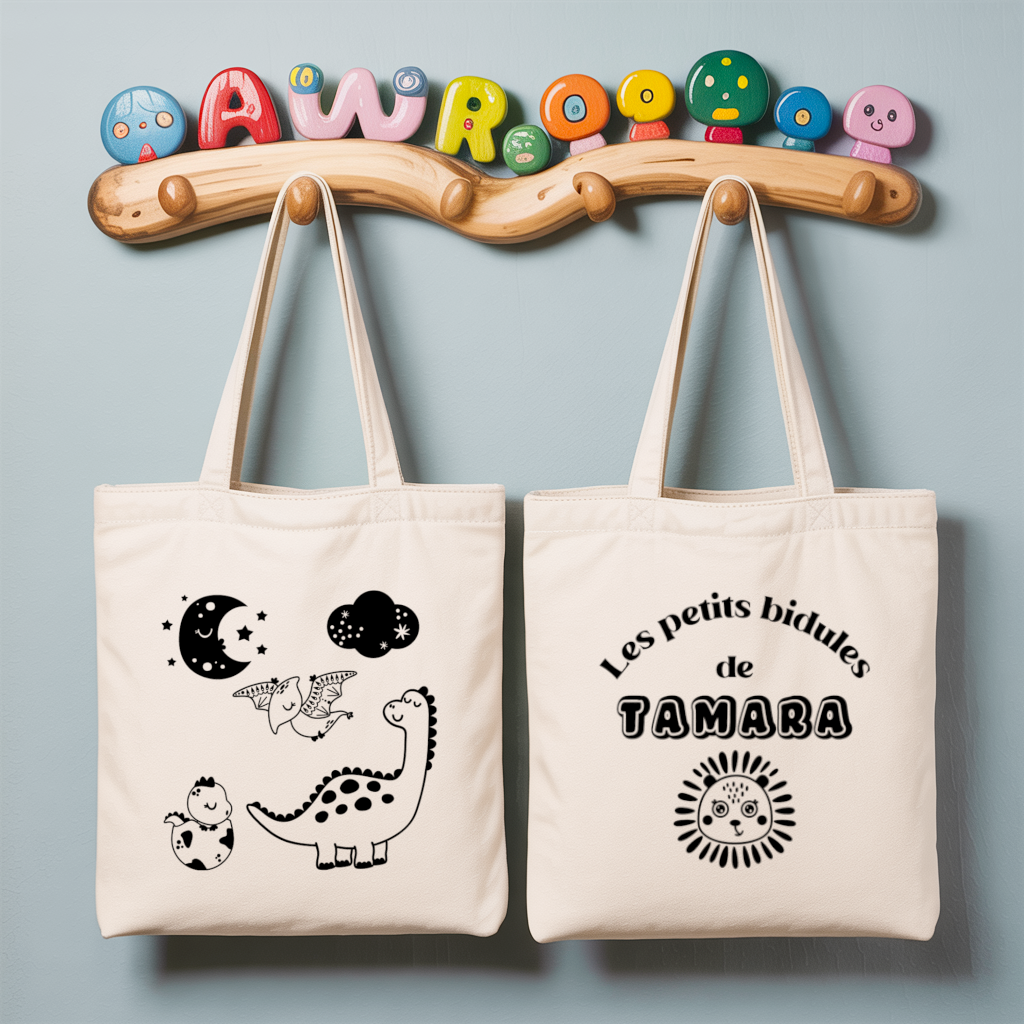 Tote bag bébé personnalisé recto Nuit avec les dinosaures et verso prénom en coton blanc avec flocage couleur - MARJANE et Cie