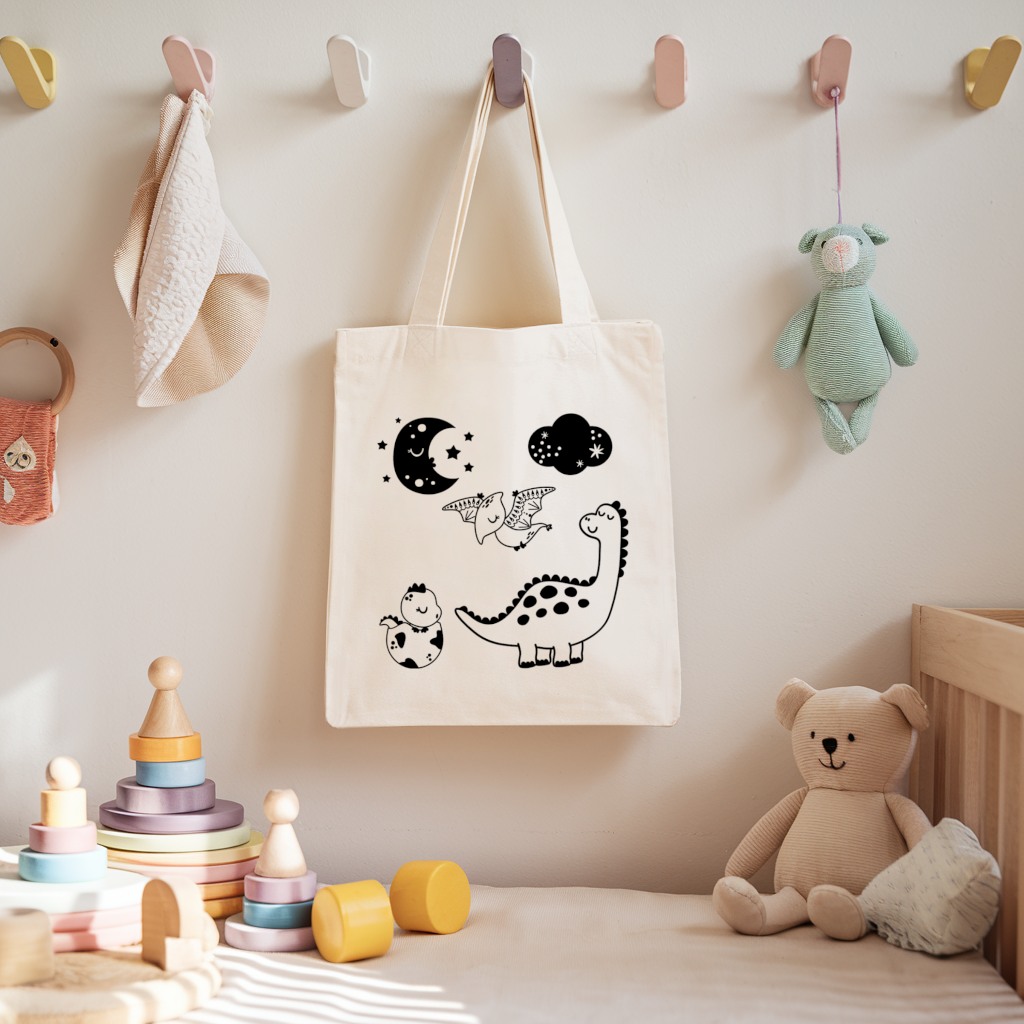 Tote bag bébé personnalisable Nuit avec les dinosaures en coton avec flocage, cadeau naissance- MARJANE et Cie