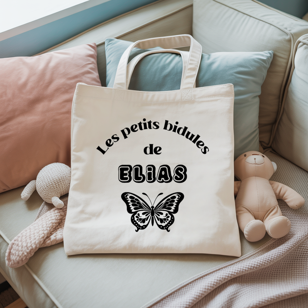 Tote bag bébé personnalisable Nuit avec les dinosaures face texte et papillon, coton, flocage couleur, cadeau naissance - MARJANE et Cie
