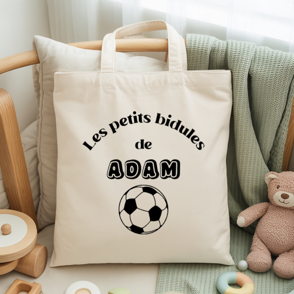 Tote bag bébé personnalisé Cap sur les étoiles face prénom et foot, coton, flocage couleur - MARJANE et Cie