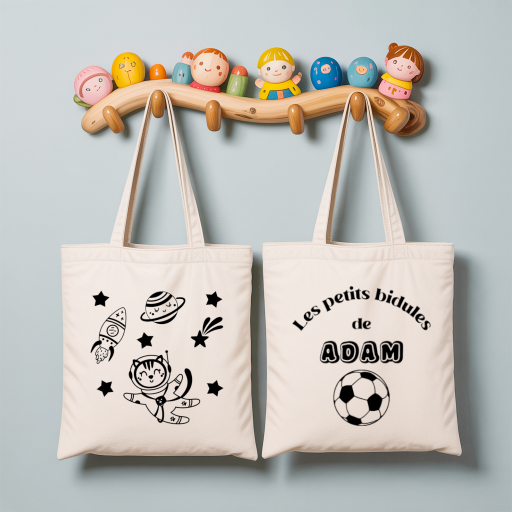 Tote bag bébé personnalisé recto Cap sur les étoiles et verso prénom en coton blanc avec flocage couleur - MARJANE et Cie