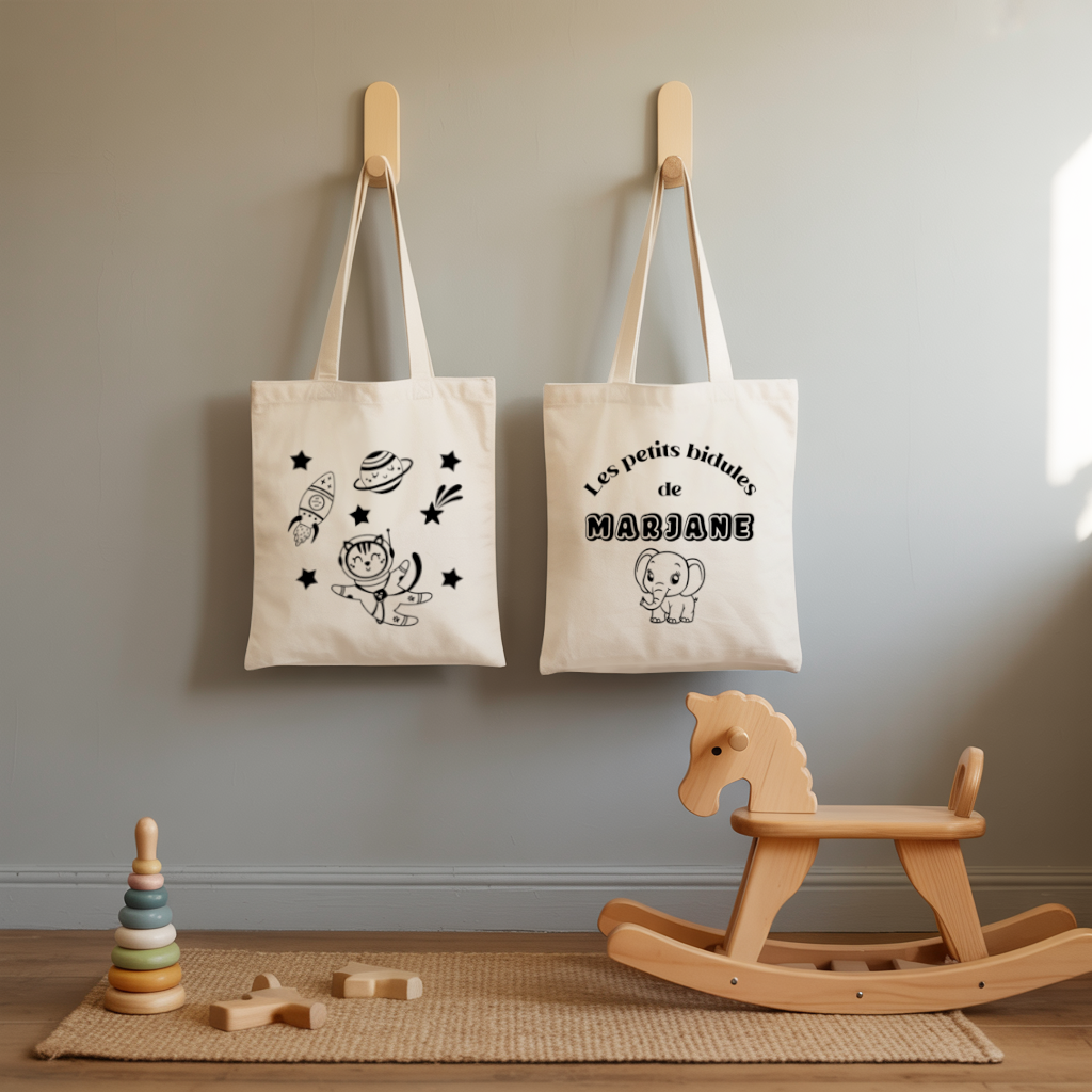 Tote bag bébé personnalisable Cap sur les étoiles et texte en coton avec flocage couleur, écoresponsable - MARJANE et Cie