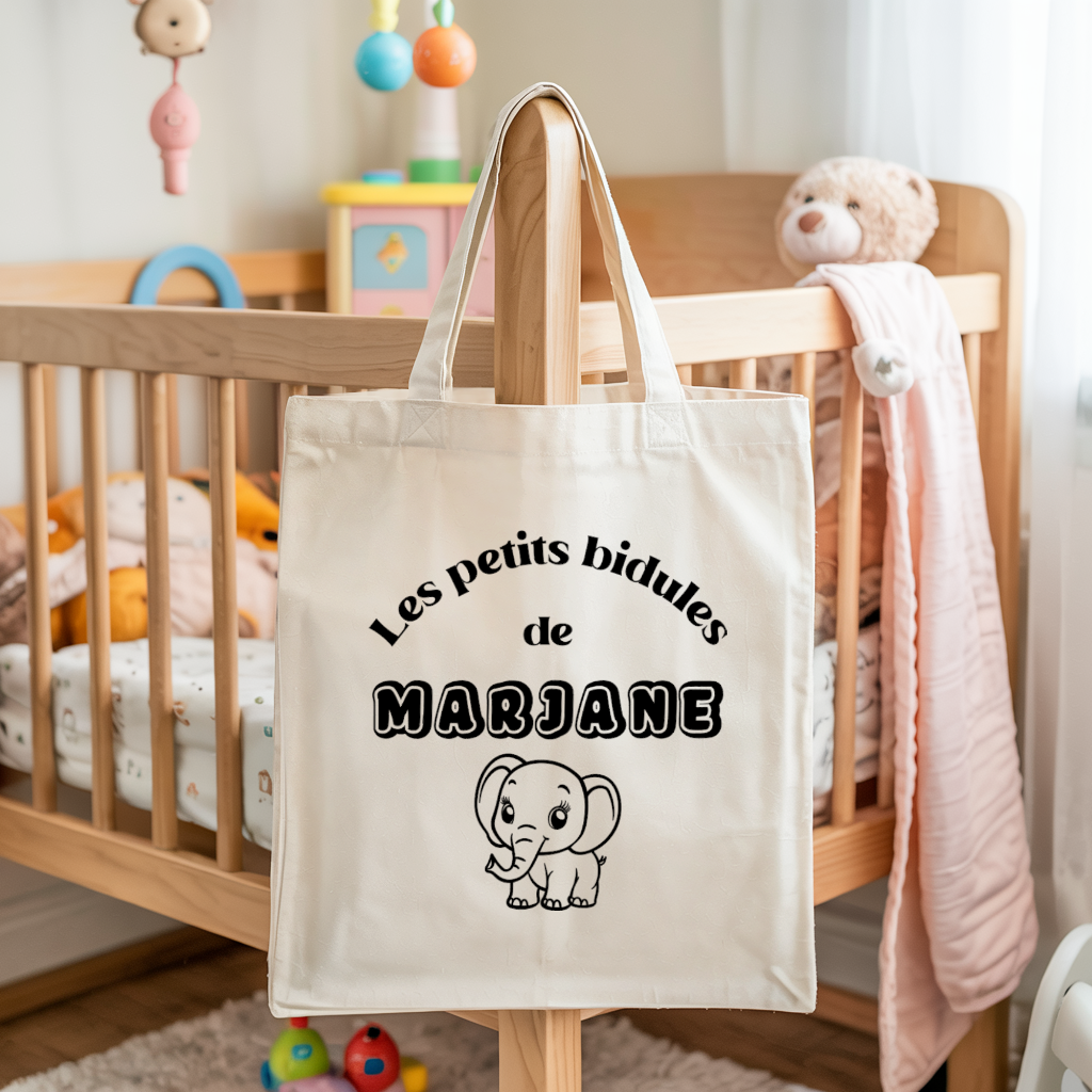 Tote bag bébé personnalisable Cap sur les étoiles face texte et éléphant, coton, flocage couleur, cadeau naissance - MARJANE et Cie