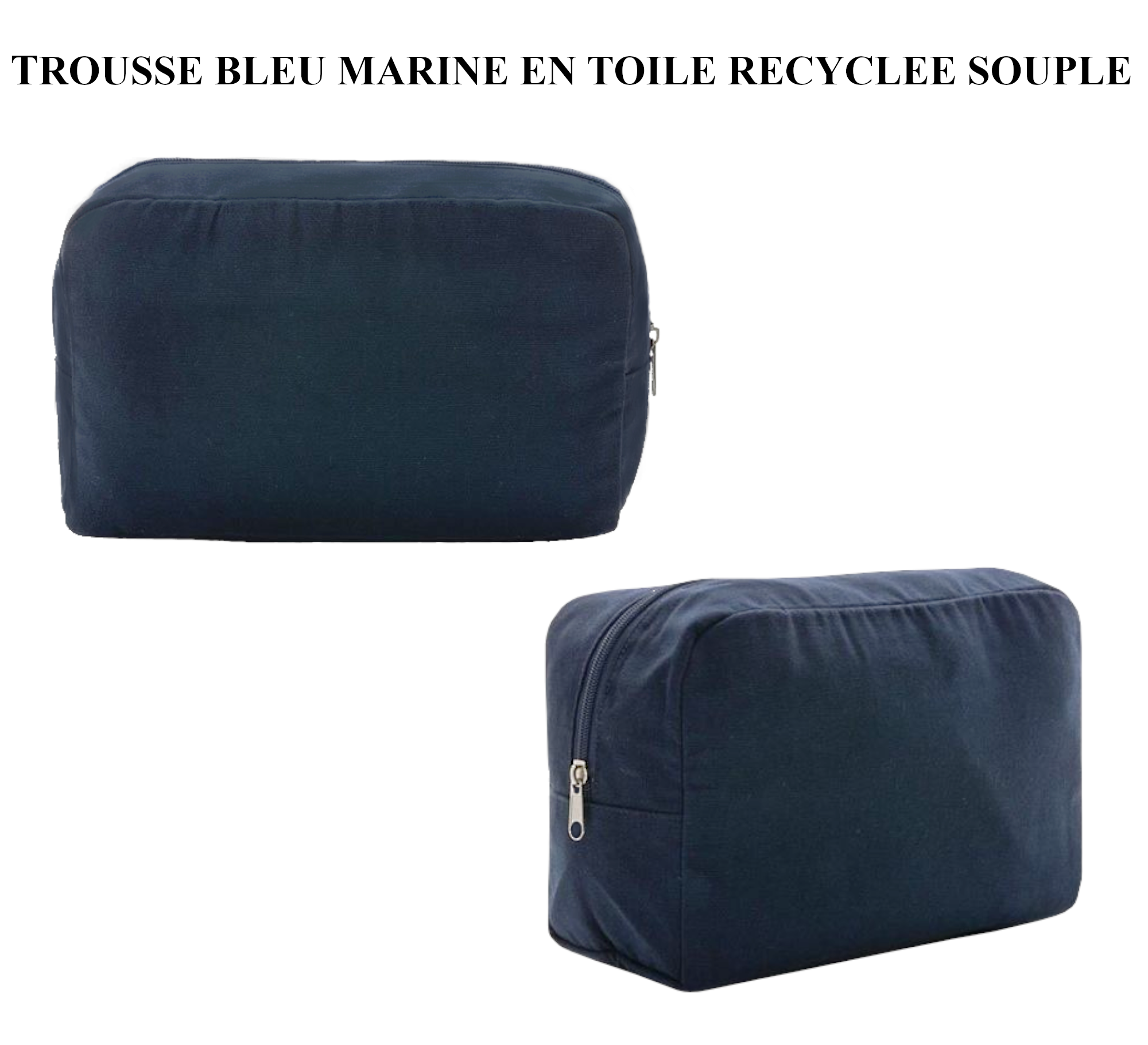 Trousse bébé personnalisable en toile recyclée bleu écoresponsable, vue de face et de profil - MARJANE et Cie