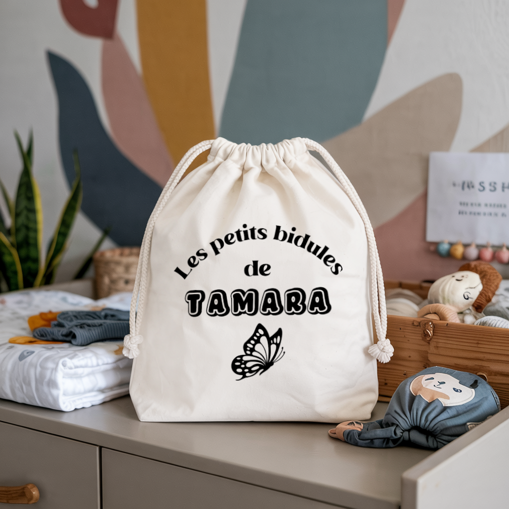Sac pochon bébé personnalisable hiboux face texte et papillon, coton, flocage couleur, cadeau naissance - MARJANE et Cie