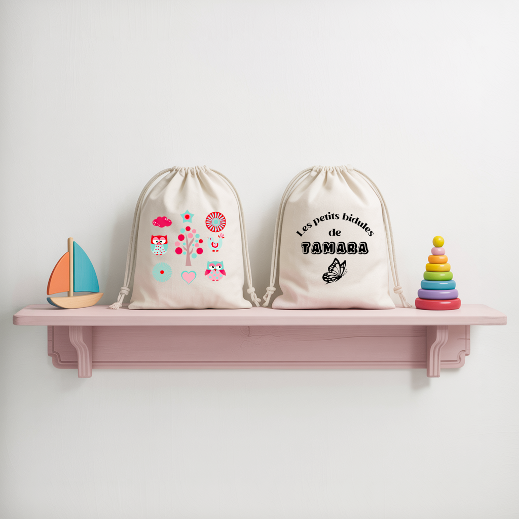 Sac pochon bébé personnalisable hiboux et texte en coton avec flocage couleur, écoresponsable - MARJANE et Cie