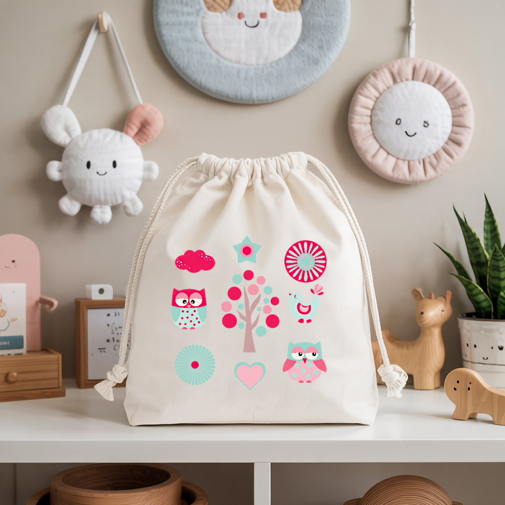 Sac pochon bébé personnalisé hiboux en coton avec flocage couleur - MARJANE et Cie