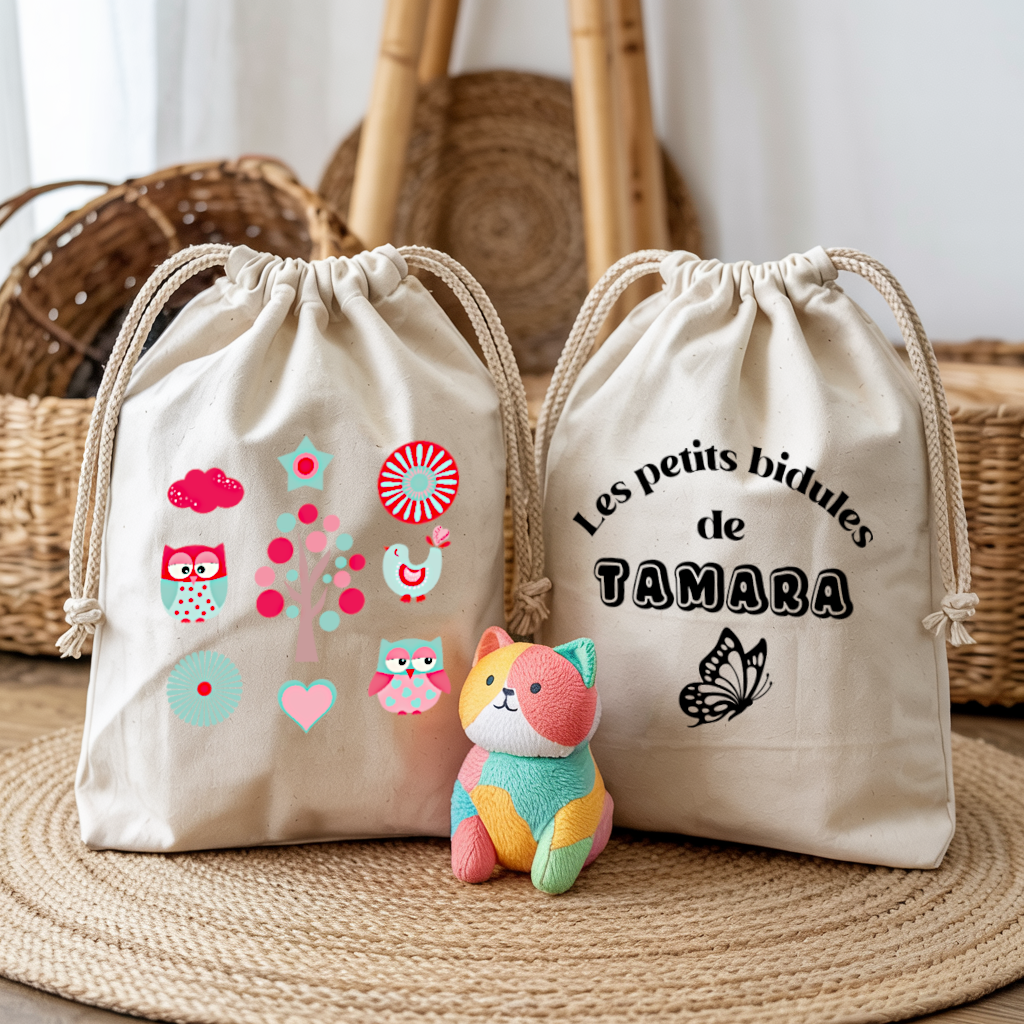 Sac pochon bébé personnalisé face hiboux et face prénom en coton avec flocage, cadeau naissance - MARJANE et Cie