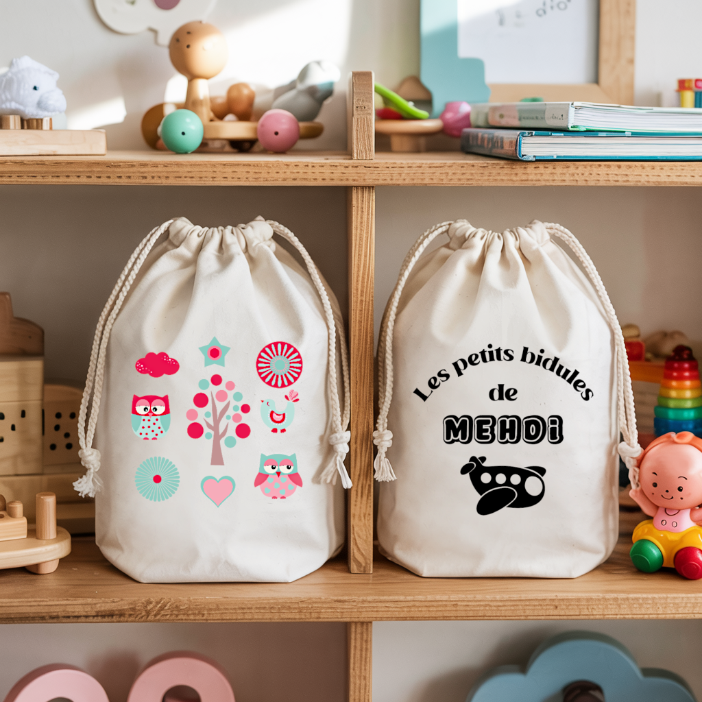Sac pochon bébé personnalisé face hiboux et face prénom en coton avec flocage, cadeau naissance - MARJANE et Cie