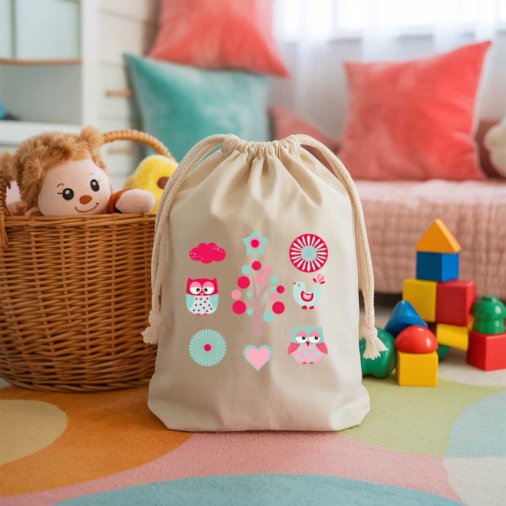 Sac pochon bébé personnalisable hiboux en coton avec flocage, cadeau naissance - MARJANE et Cie