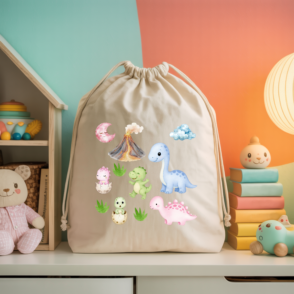 Sac pochon bébé personnalisable famille de dinosaures en coton avec flocage, cadeau naissance- MARJANE et Cie