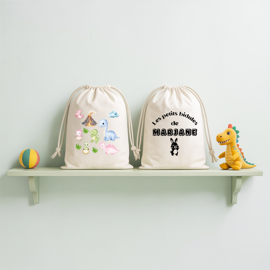 Sac pochon bébé personnalisable famille de dinosaures et texte en coton avec flocage couleur, écoresponsable - MARJANE et Cie