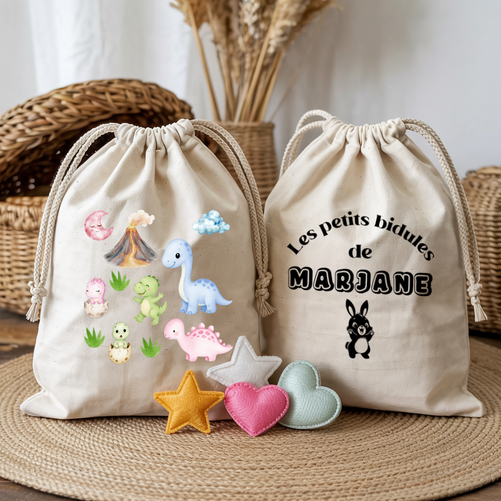 Sac pochon bébé personnalisé recto famille de dinosaures et verso prénom en coton avec flocage couleur - MARJANE et Cie