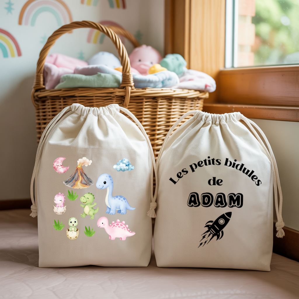 Sac pochon bébé personnalisé face famille de dinosaures et face prénom en coton avec flocage, cadeau naissance - MARJANE et Cie