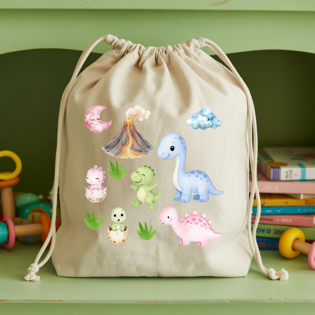 Sac pochon bébé personnalisé famille de dinosaures en coton avec flocage couleur - MARJANE et Cie