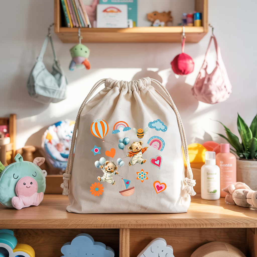 Sac pochon bébé personnalisable recto oursons teddy bears en coton avec flocage, cadeau naissance - MARJANE et Cie