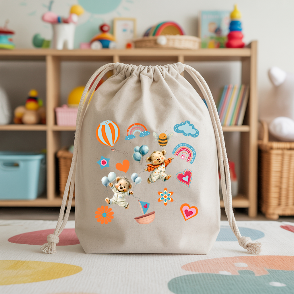 Sac pochon bébé personnalisé recto oursons teddy bears en coton avec flocage couleur - MARJANE et Cie