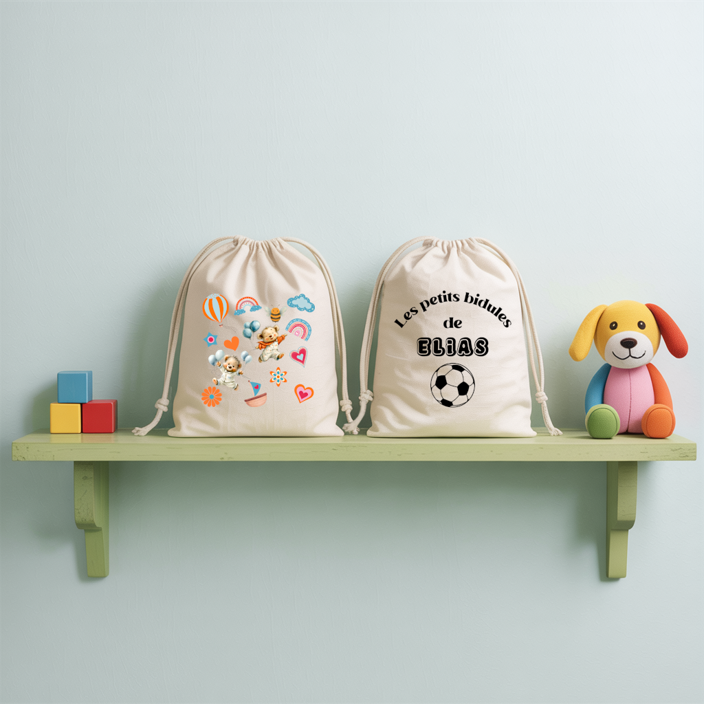 Sac pochon bébé personnalisé recto oursons teddy bears et verso prénom en coton avec flocage couleur - MARJANE et Cie
