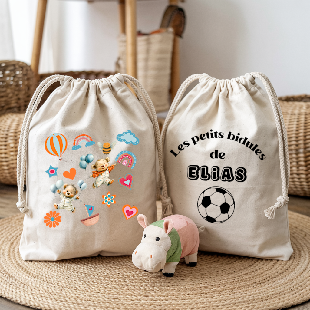 Sac pochon bébé personnalisé face recto oursons teddy bears et face prénom en coton avec flocage, cadeau naissance - MARJANE et Cie