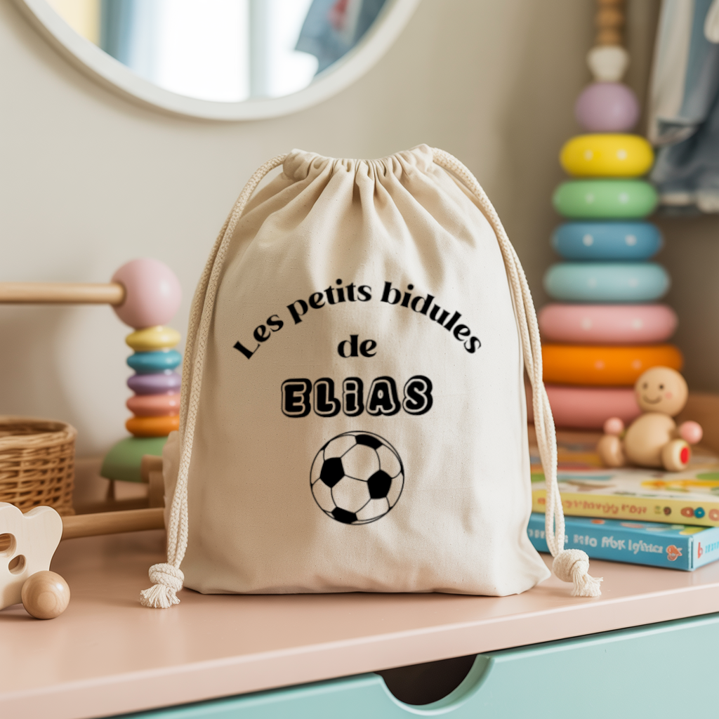 Sac pochon bébé personnalisé recto oursons teddy bears face prénom et foot, coton, flocage couleur - MARJANE et Cie