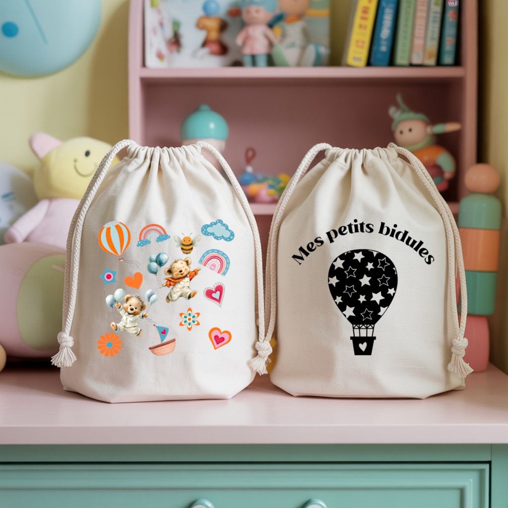 Sac pochon bébé personnalisable recto oursons teddy bears et texte en coton avec flocage couleur, écoresponsable - MARJANE et Cie