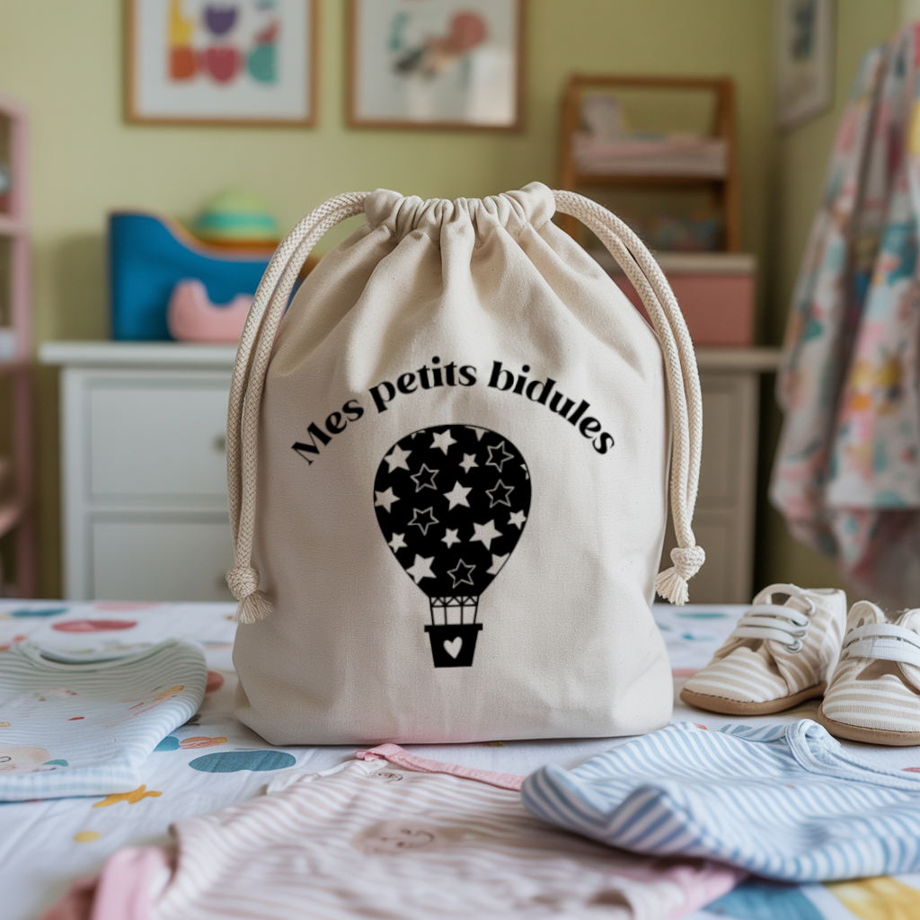 Sac pochon bébé personnalisable recto oursons teddy bears face texte et montgolfière, coton, flocage couleur, cadeau naissance - MARJANE et Cie
