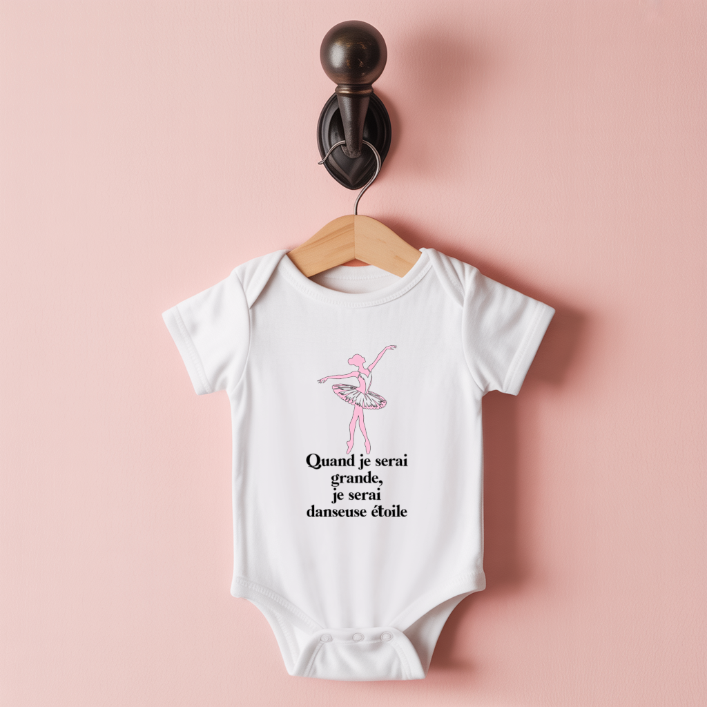 Body bébé personnalisable blanc avec prénom et danseuse gracieuse et message poétique suspendu - MARJANE et Cie
