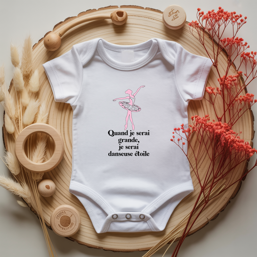 Body bébé personnalisé avec illustration d’une danseuse gracieuse et message poétique flocage couleur, cadeau naissance - MARJANE et Cie
