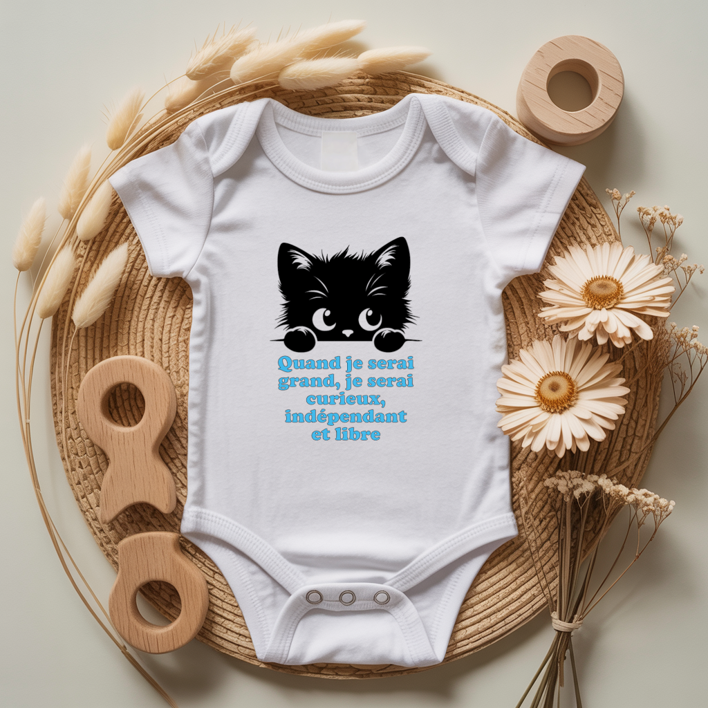 Body bébé personnalisé avec illustration d’un chaton rigolo et message inspirant flocage couleur, cadeau naissance - MARJANE et Cie