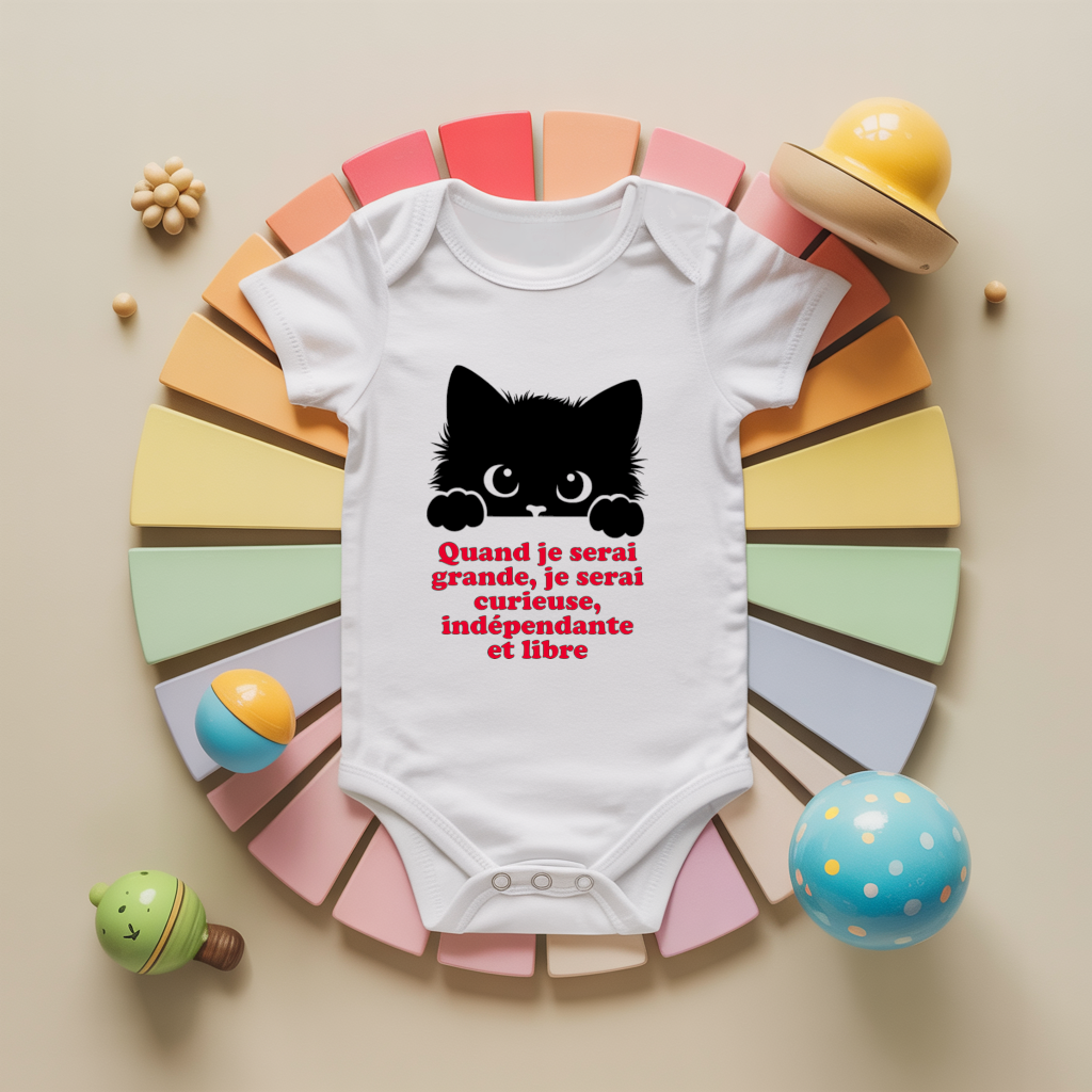 Body bébé personnalisé avec chaton curieux et message positif en coton par flocage - MARJANE et Cie