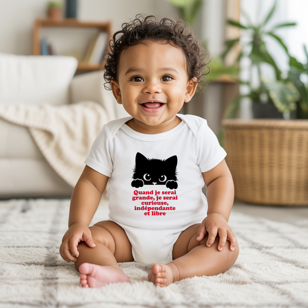 Body bébé personnalisé en coton chaton curieux et message positif porté par bébé - MARJANE et Cie