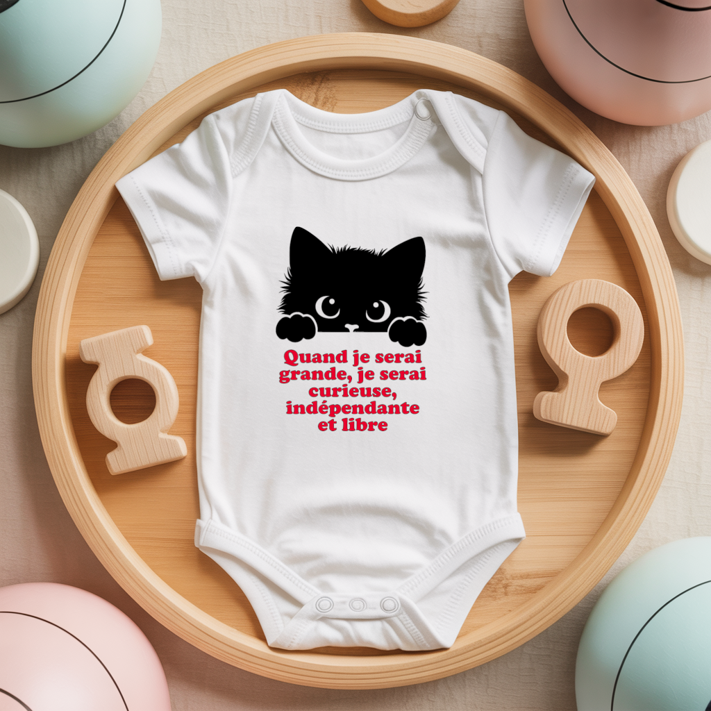 Body bébé personnalisé avec illustration d’un chaton curieux et message positif flocage couleur, cadeau naissance - MARJANE et Cie