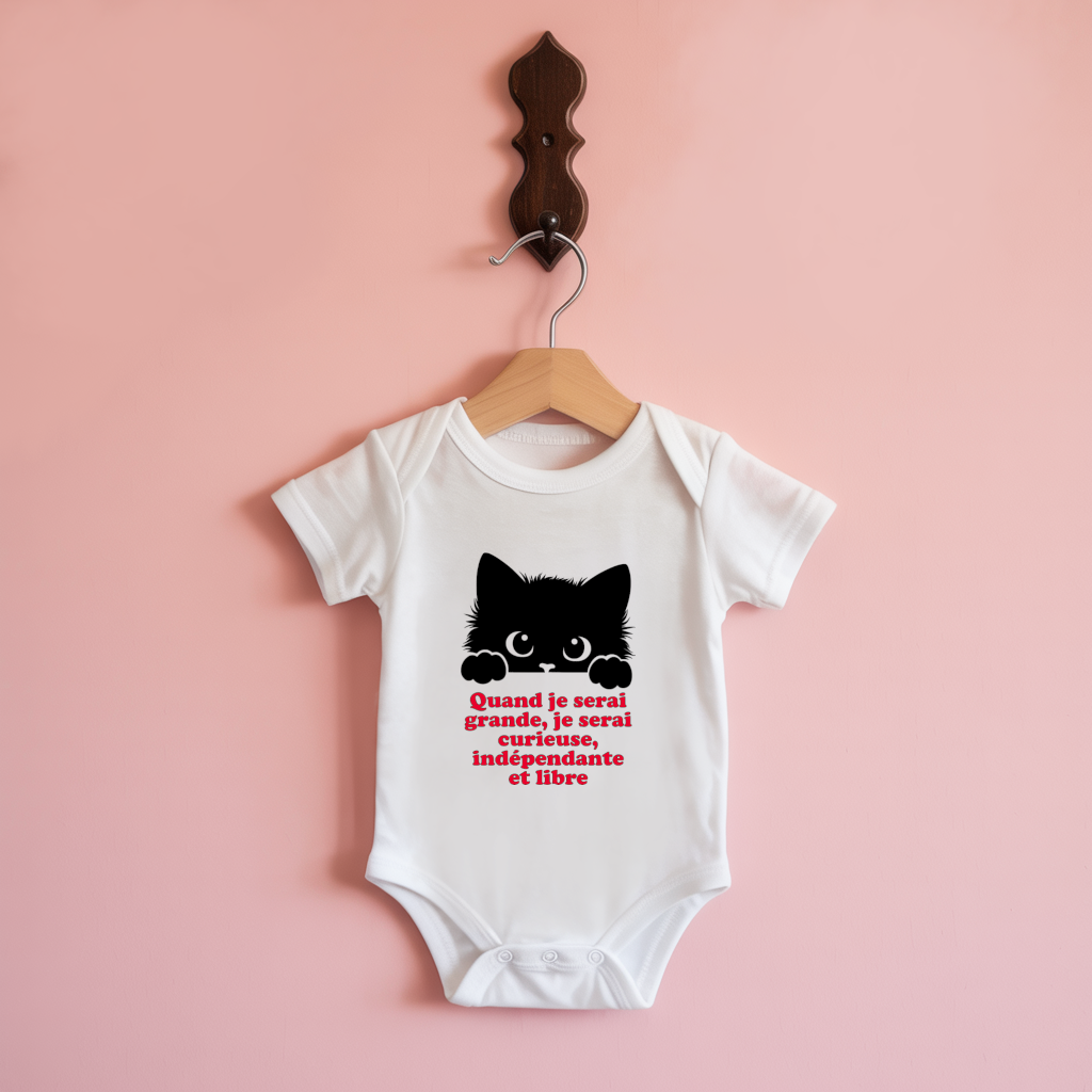 Body bébé personnalisable blanc avec chaton curieux et message positif suspendu - MARJANE et Cie
