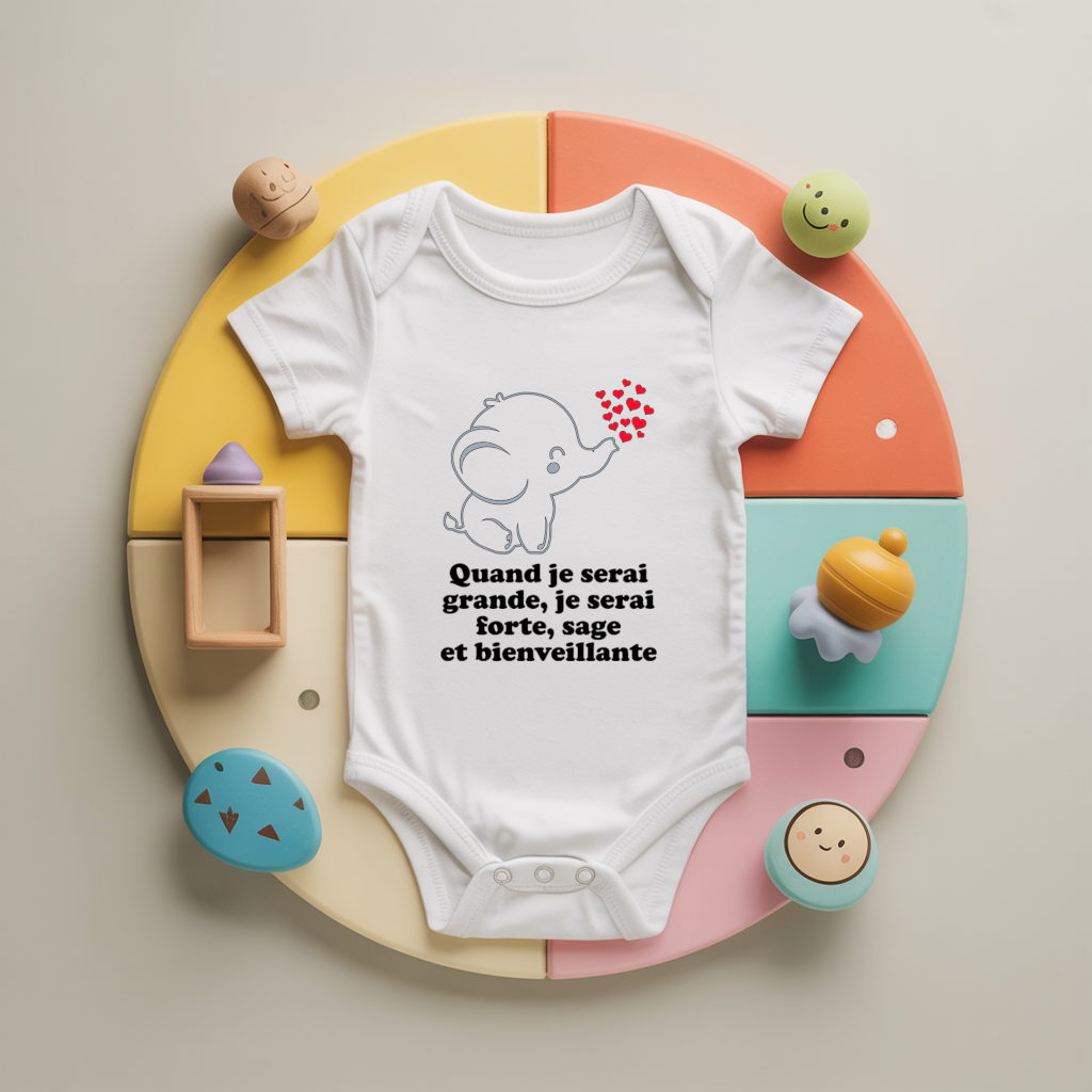 Body bébé personnalisé avec éléphant tendre et message positif en coton par flocage - MARJANE et Cie