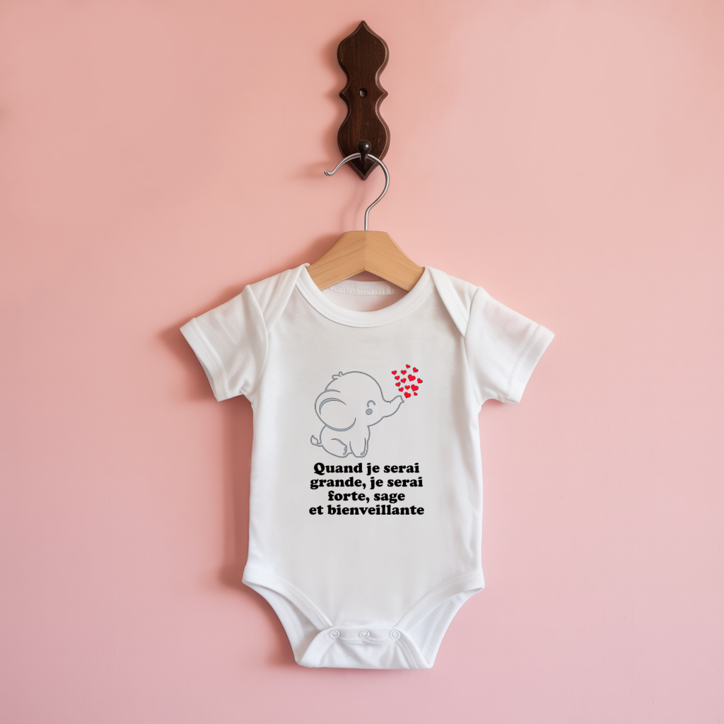 Body bébé personnalisable blanc avec éléphant tendre et message positif suspendu - MARJANE et Cie