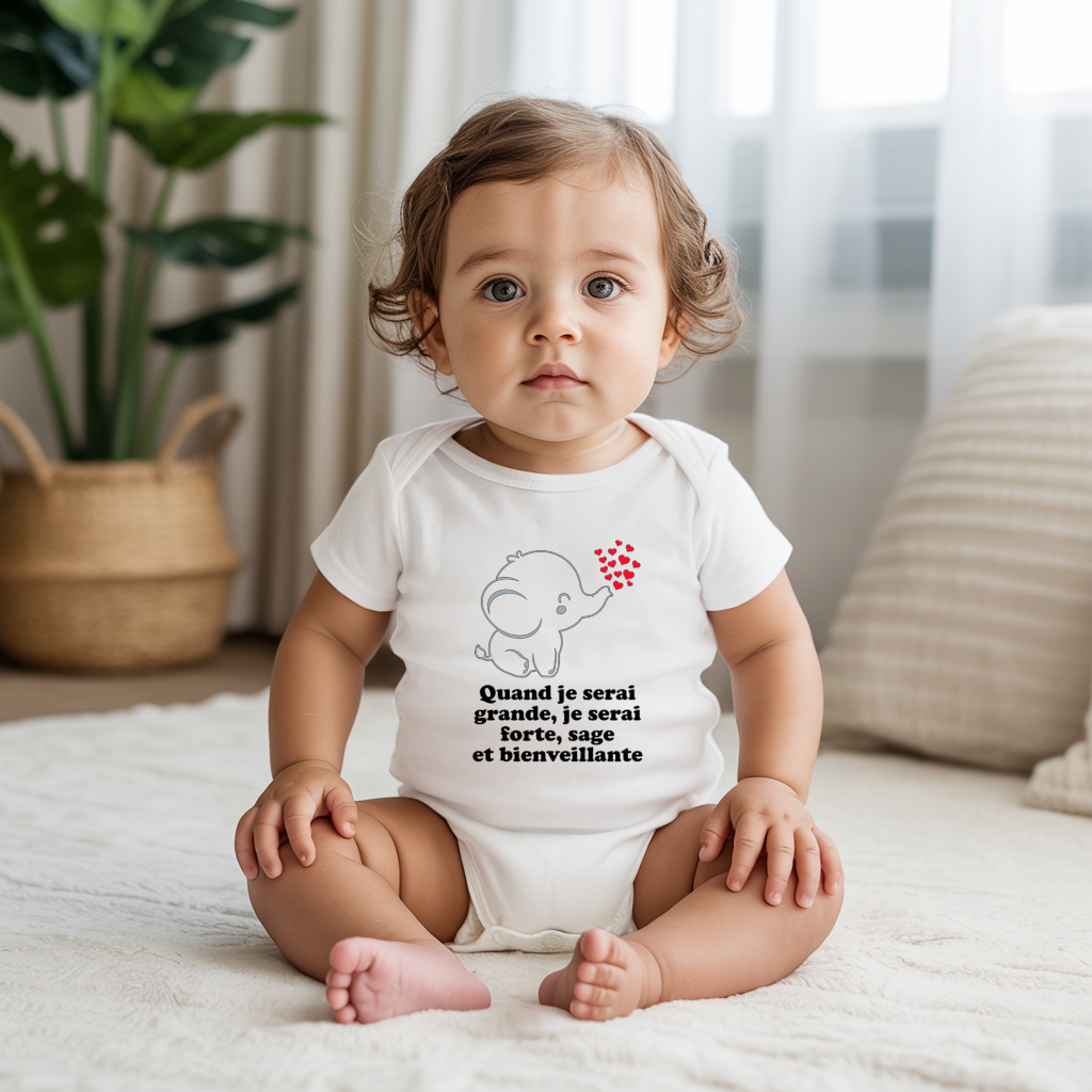 Body bébé personnalisé en coton éléphant tendre et message positif porté par bébé - MARJANE et Cie