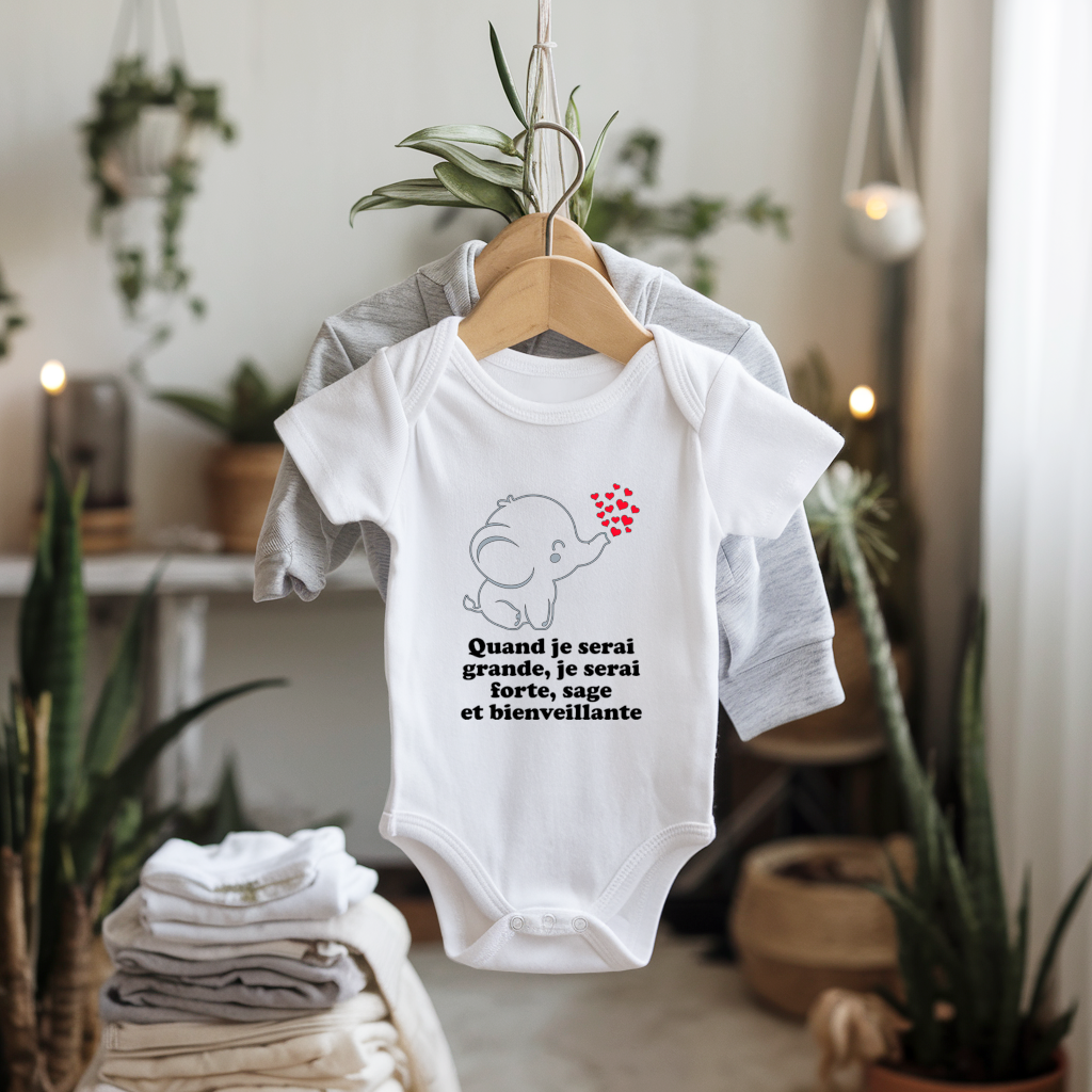 Body bébé personnalisable avec éléphant tendre et message positif flocage sur cintre - MARJANE et Cie