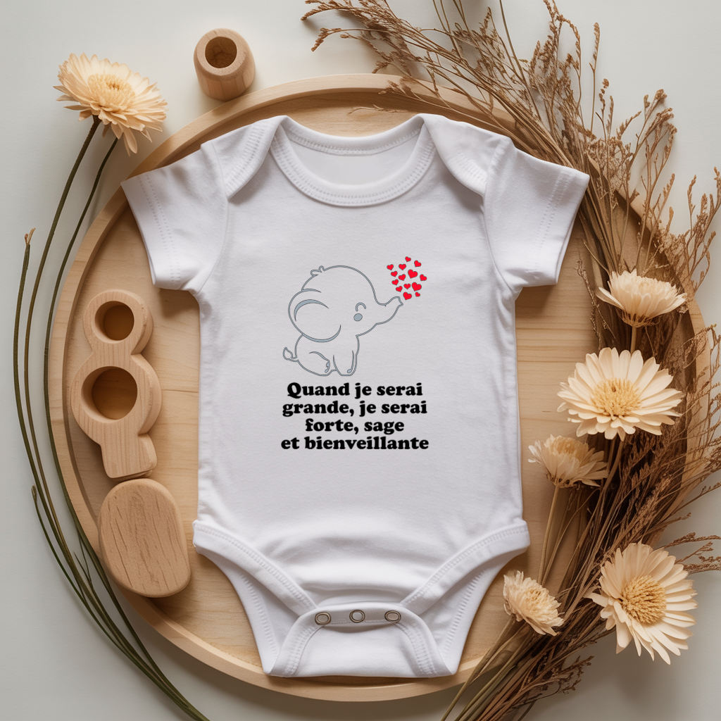 Body bébé personnalisé avec illustration d’un éléphant tendre et message positif flocage couleur, cadeau naissance - MARJANE et Cie