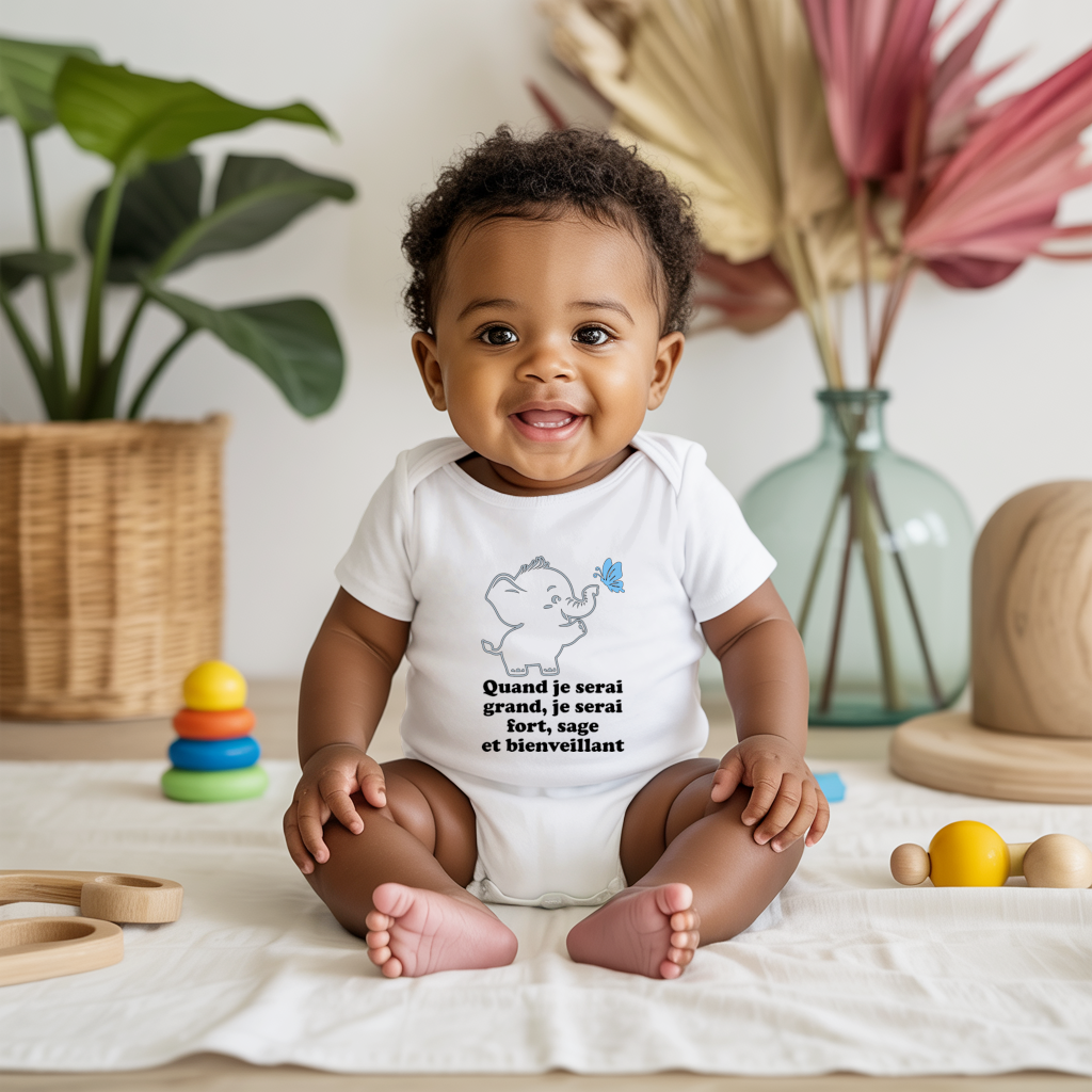Body bébé personnalisé en coton éléphant rigolo et message positif porté par bébé - MARJANE et Cie