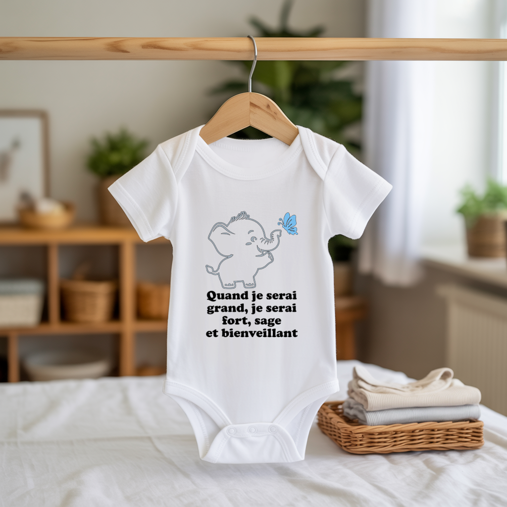 Body bébé personnalisable avec éléphant rigolo et message positif flocage sur cintre - MARJANE et Cie