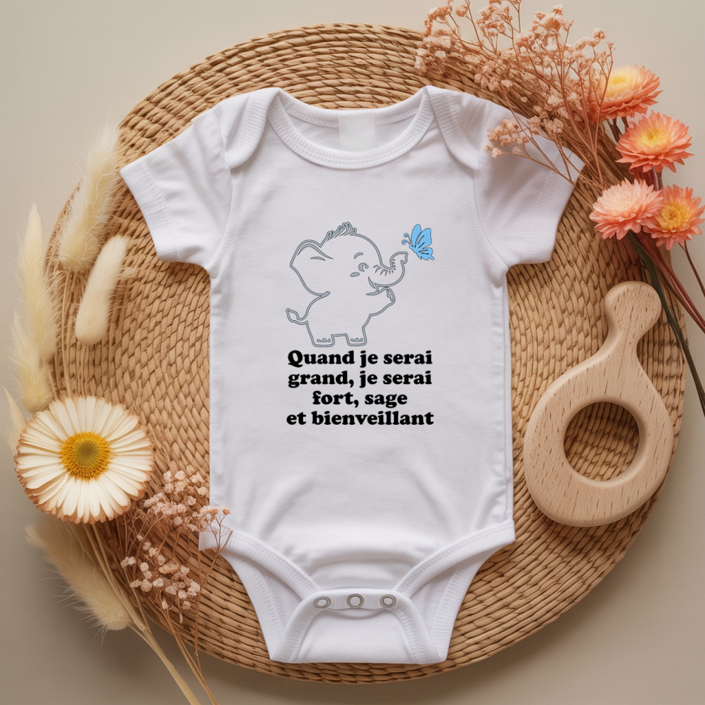 Body bébé personnalisé avec illustration d’un éléphant rigolo et message positif flocage couleur, cadeau naissance - MARJANE et Cie