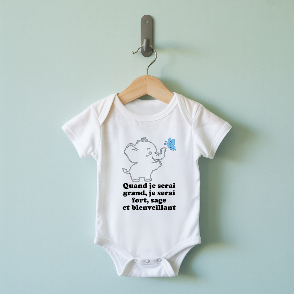 Body bébé personnalisable blanc avec éléphant rigolo et message positif suspendu - MARJANE et Cie