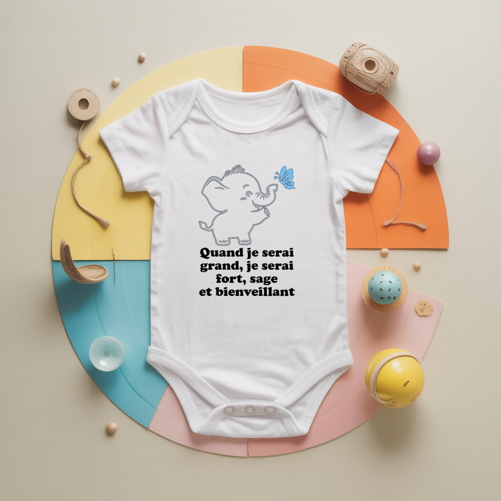 Body bébé personnalisé avec éléphant rigolo et message positif en coton par flocage - MARJANE et Cie