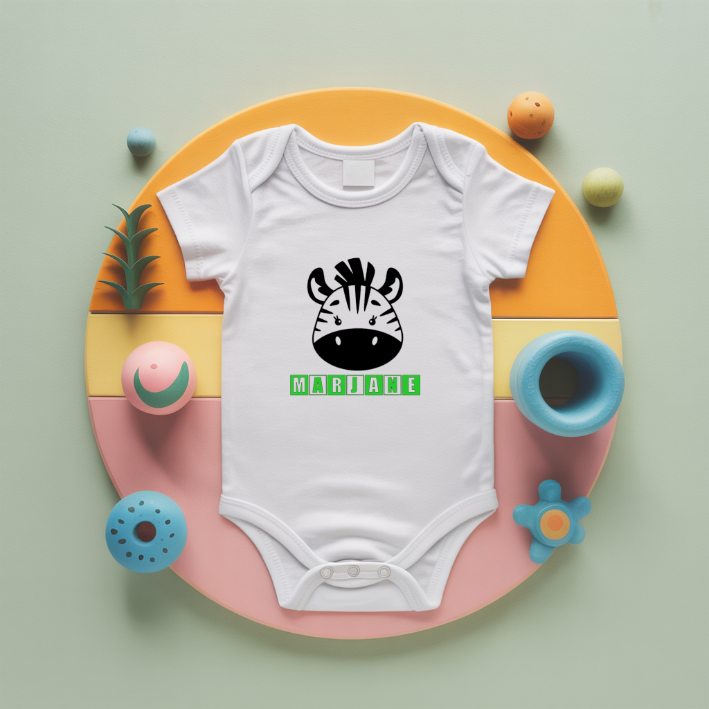 Body bébé personnalisé avec zèbre espiègle en coton par flocage - MARJANE et Cie