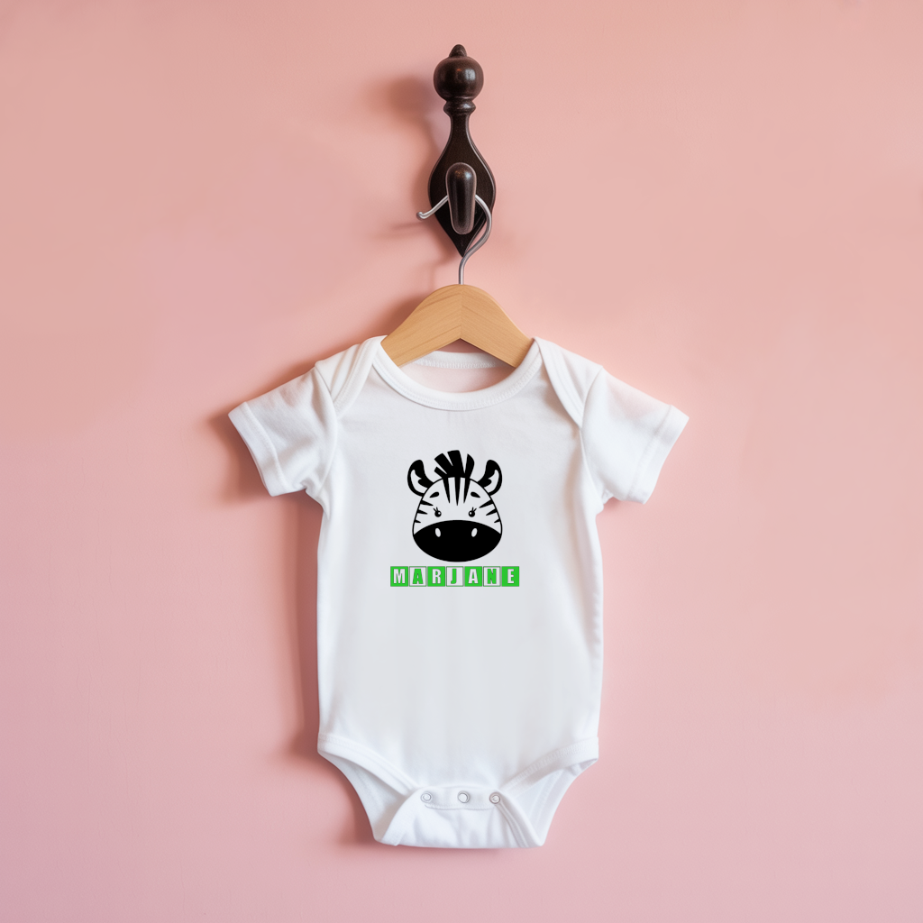 Body bébé personnalisable blanc avec prénom et zèbre espiègle suspendu - MARJANE et Cie