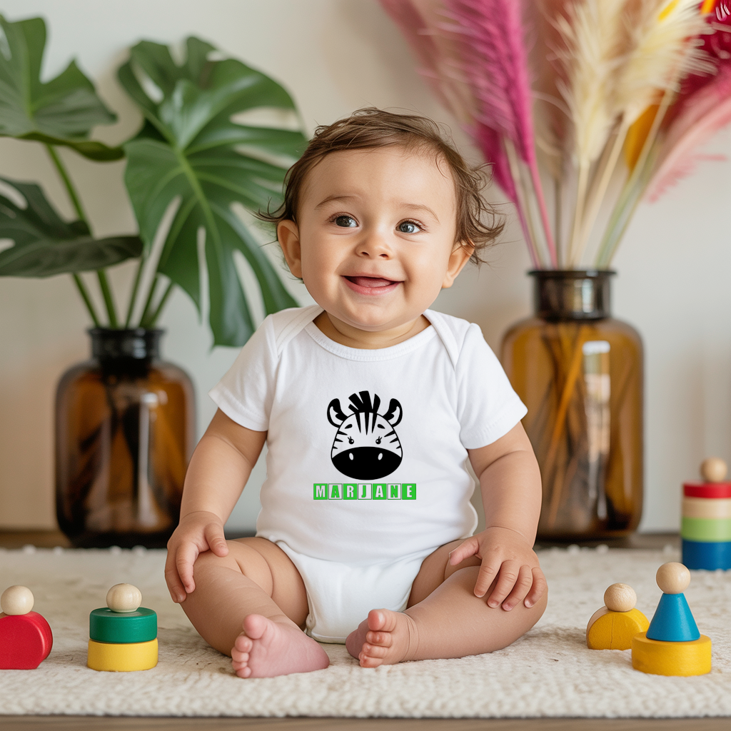 Body bébé personnalisé en coton zèbre espiègle porté par bébé - MARJANE et Cie