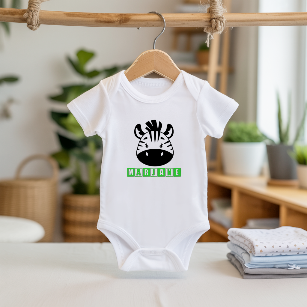 Body bébé personnalisable avec prénom et zèbre espiègle flocage sur cintre - MARJANE et Cie